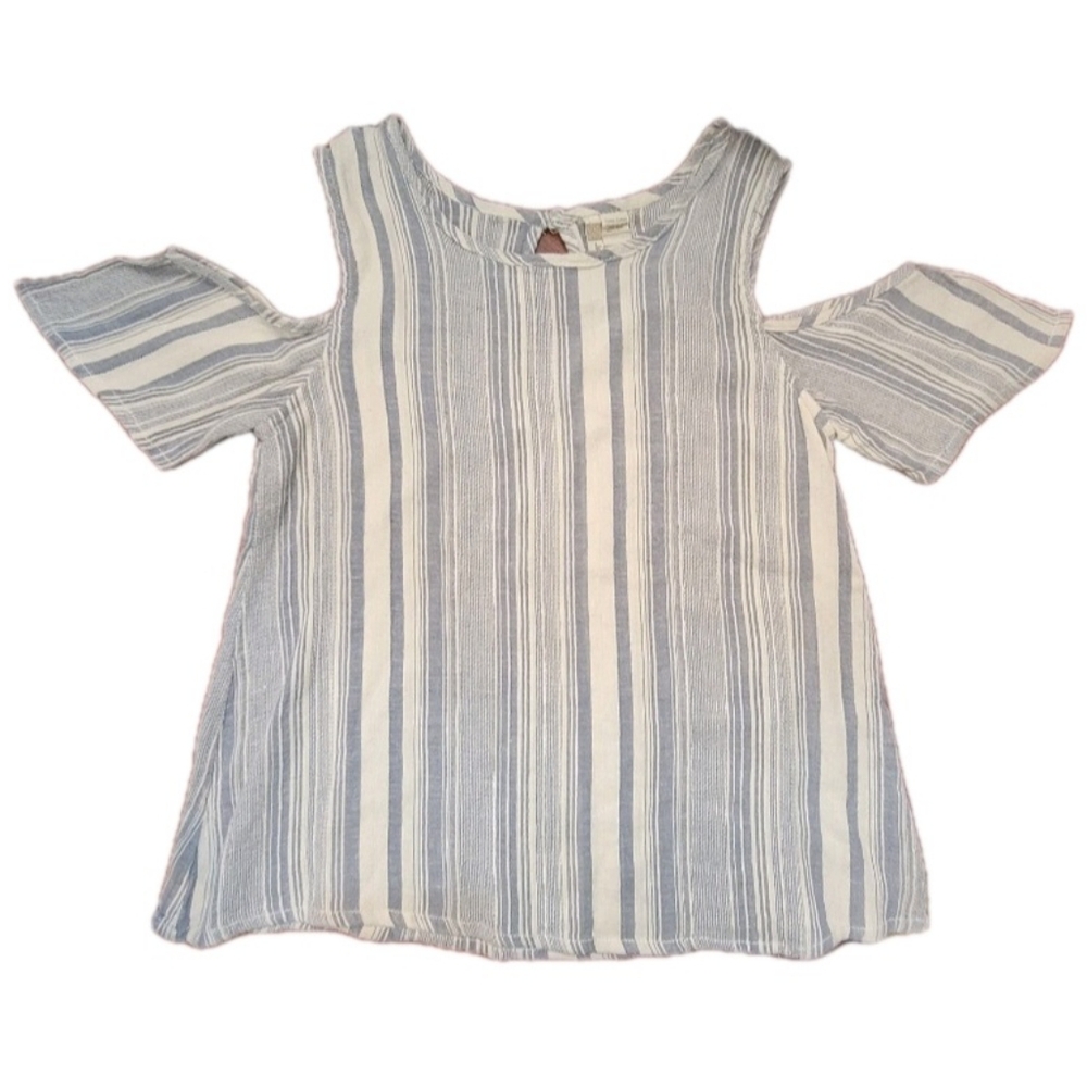 Japna Top Cold Shoulder Blue and White Vertical Stripes Small